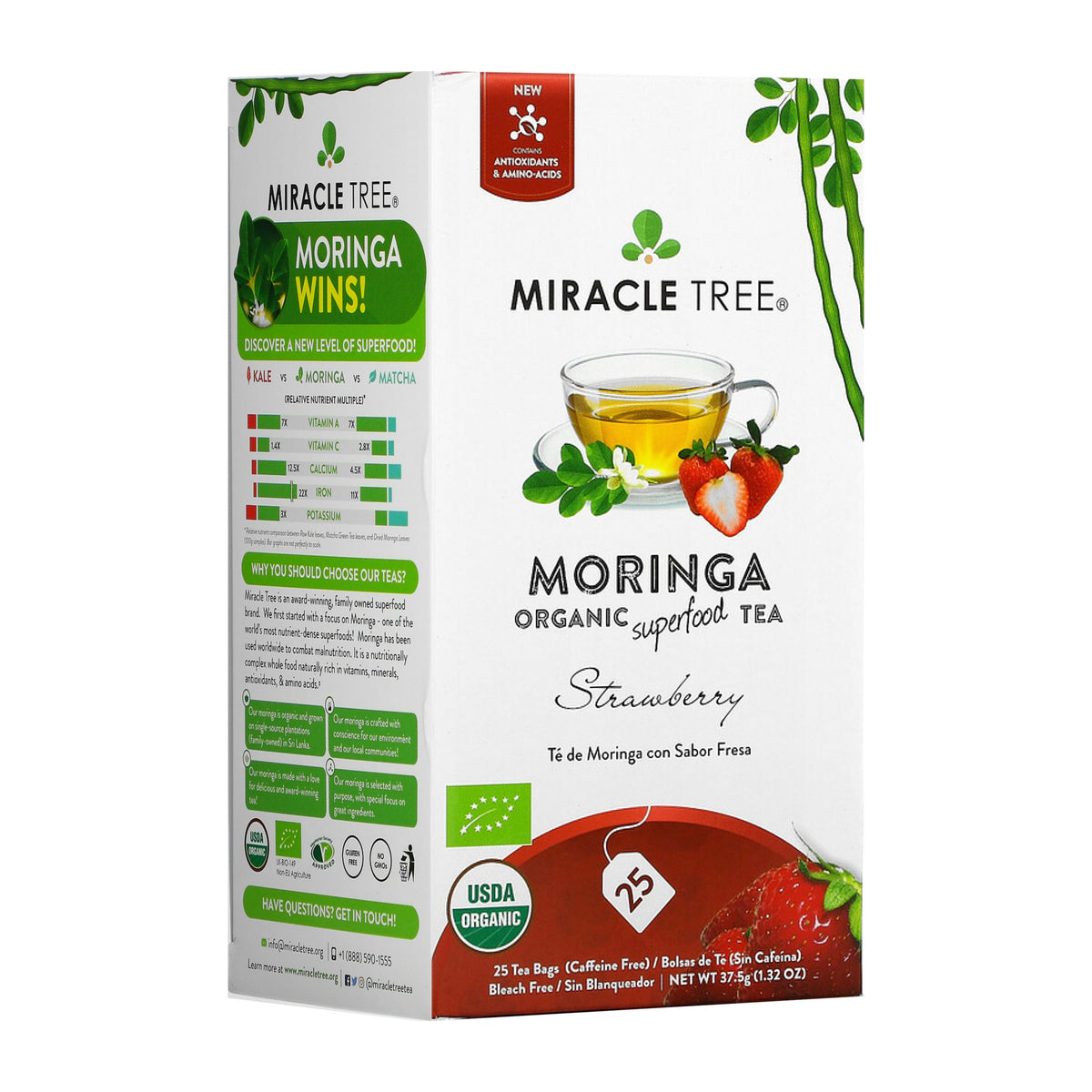 Organic Moringa Tea with strawberry flavor by Miracle Tree, showing a herbal tea bag and fresh strawberries in a natural setting.