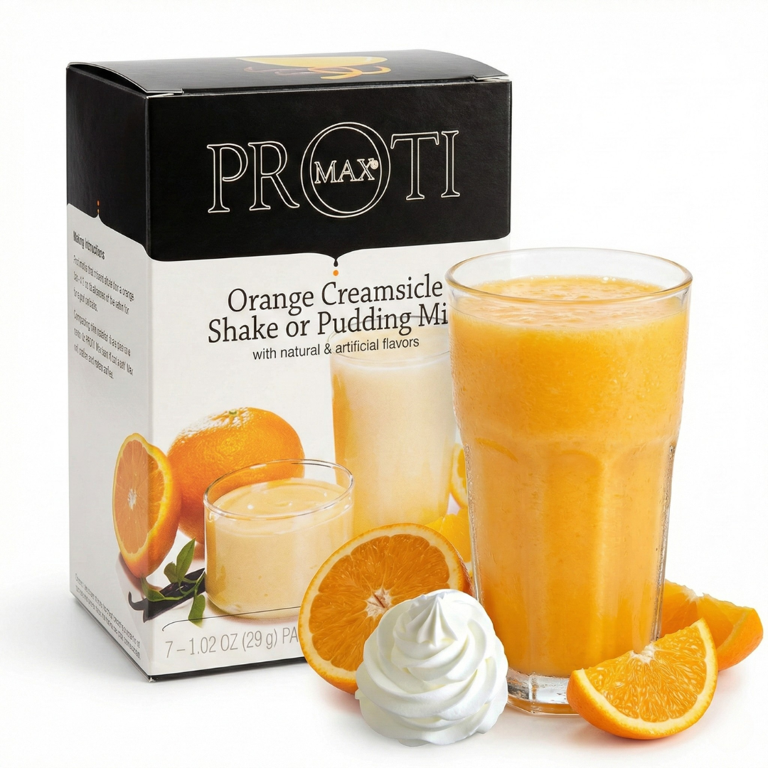 Orange Creamsicle Proti-Max shake by AmBari Nutrition in a glass with a creamy orange-colored beverage and a straw.