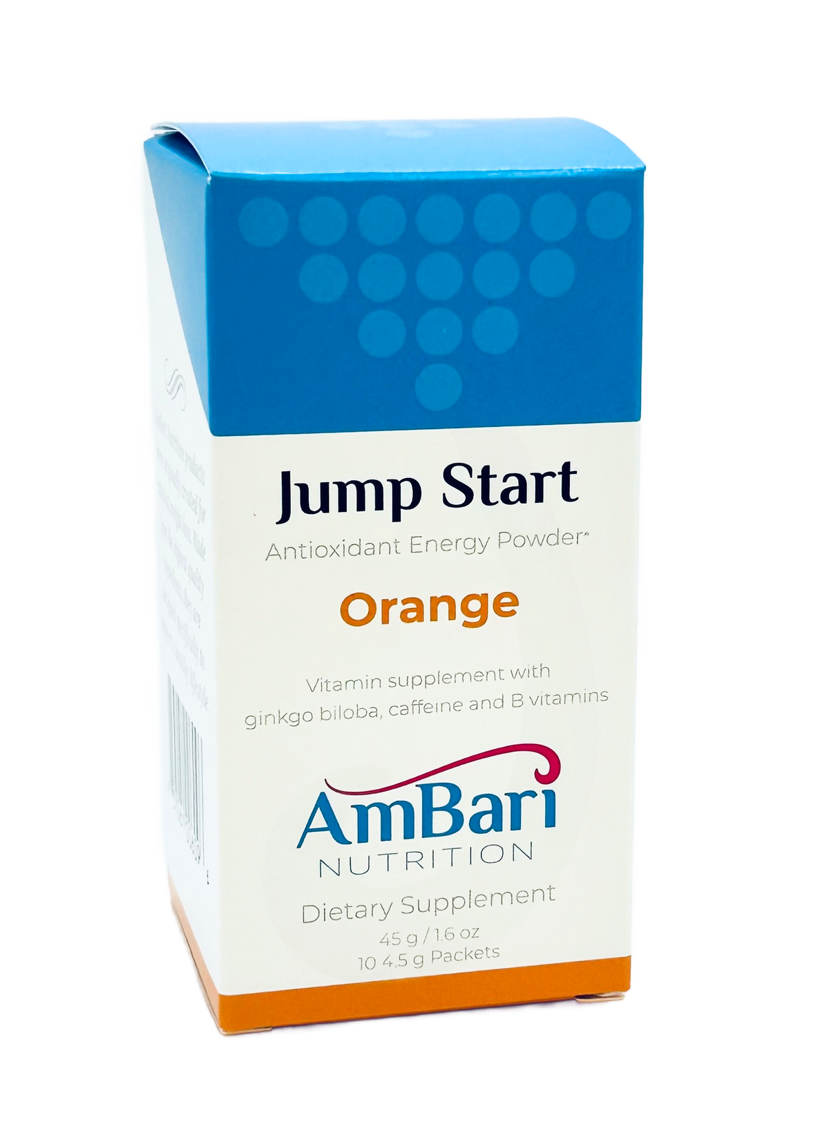 Orange Jump Start energy drink mix by AmBari Nutrition in a box, ready to be mixed into a refreshing energy-boosting beverage.