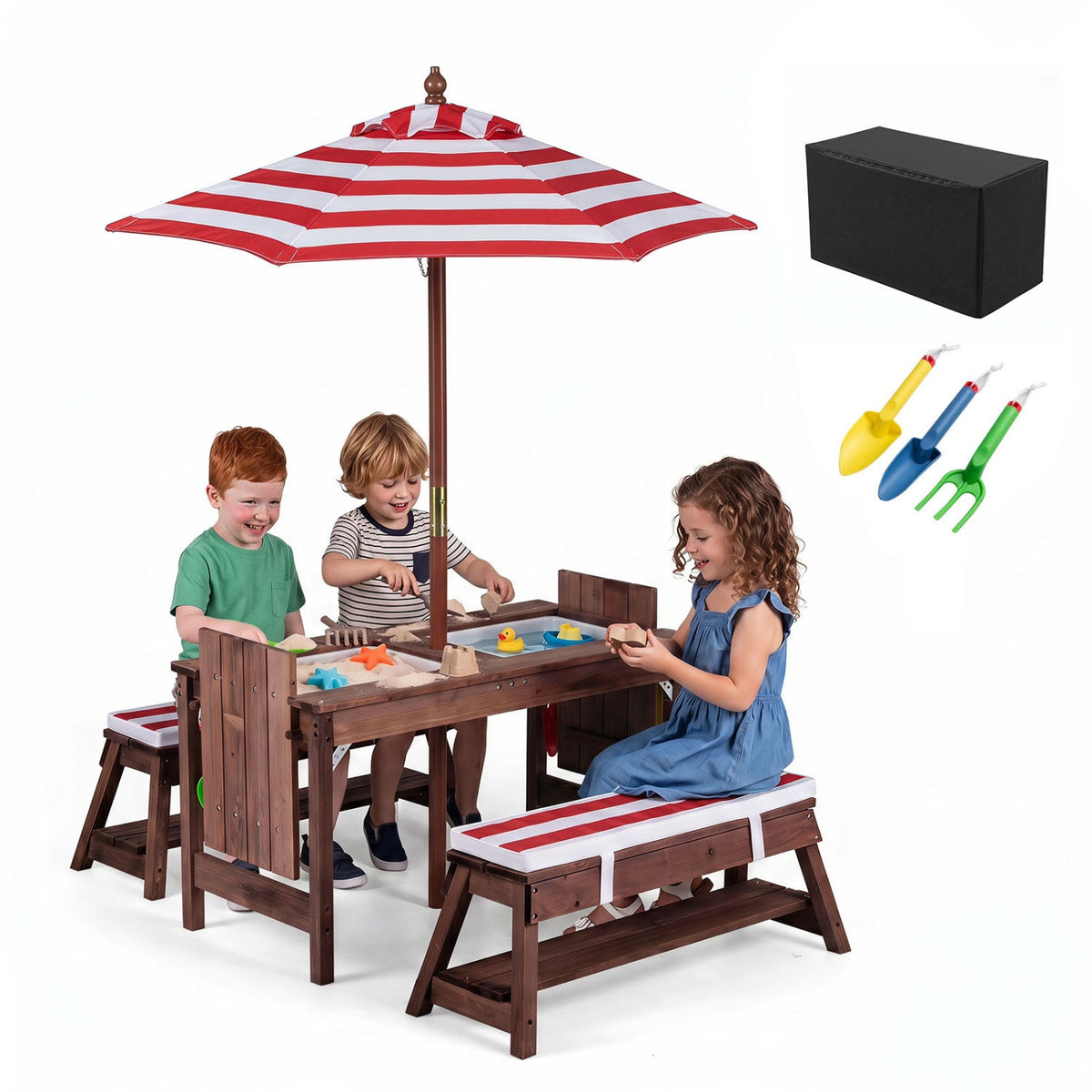 Kids wooden picnic table set with umbrella and sandboxes, ideal for outdoor play and family gatherings.