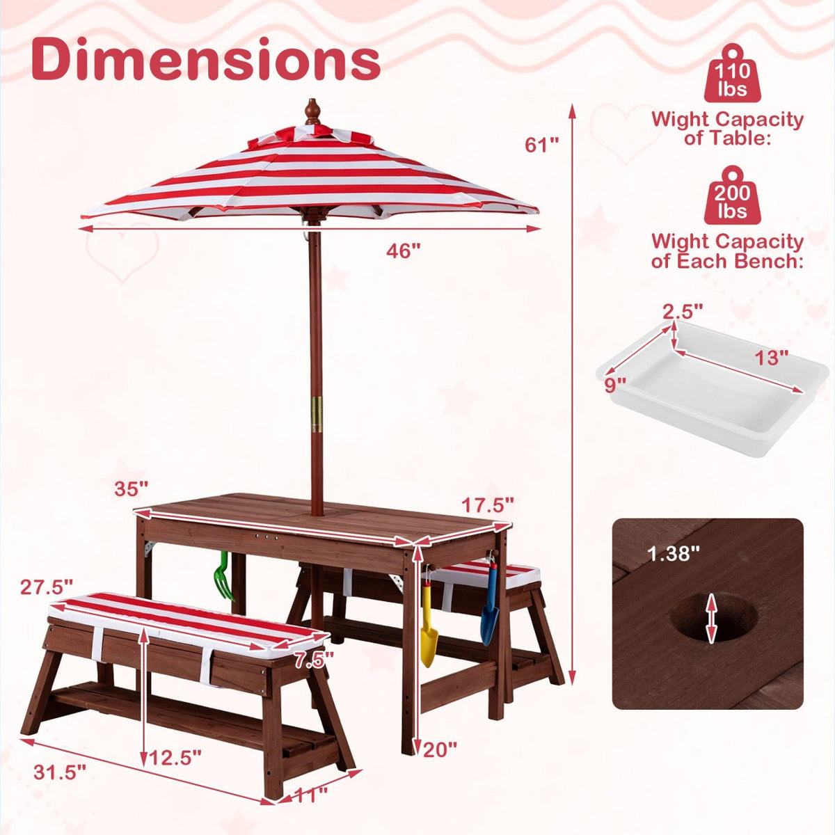 Kids wooden picnic table set with umbrella and sandboxes, suitable for outdoor play and family activities.