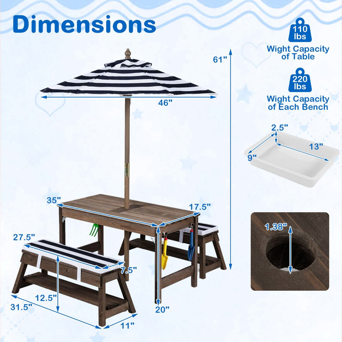 Kids wooden picnic table set with umbrella and sandboxes, outdoor play furniture for children by GBruno Store.