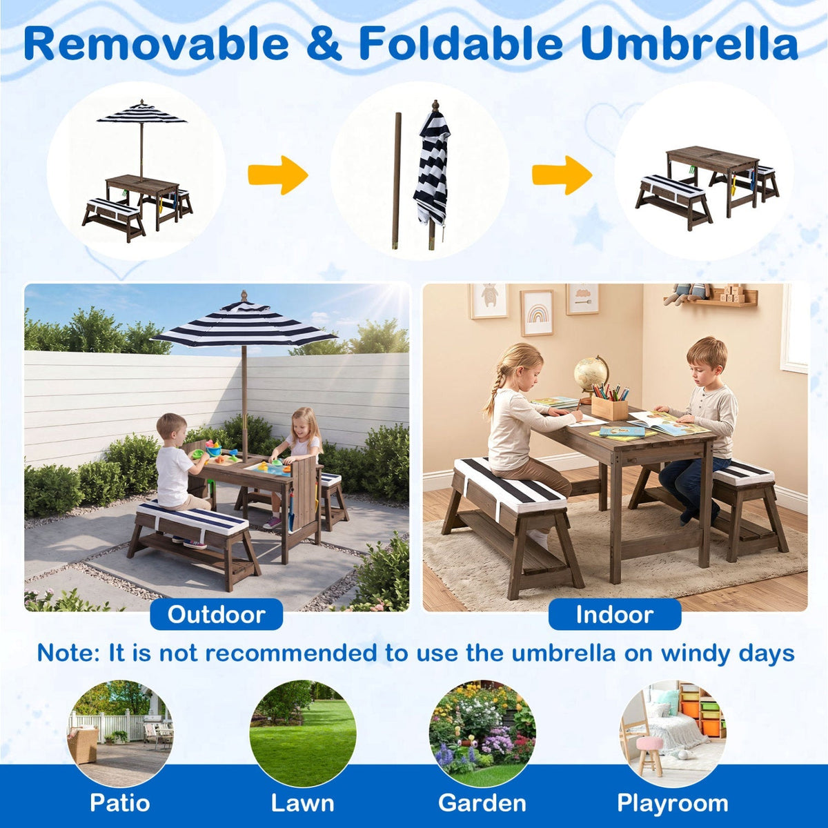 Kids wooden picnic table set with umbrella and sandboxes, perfect for outdoor play and family gatherings.