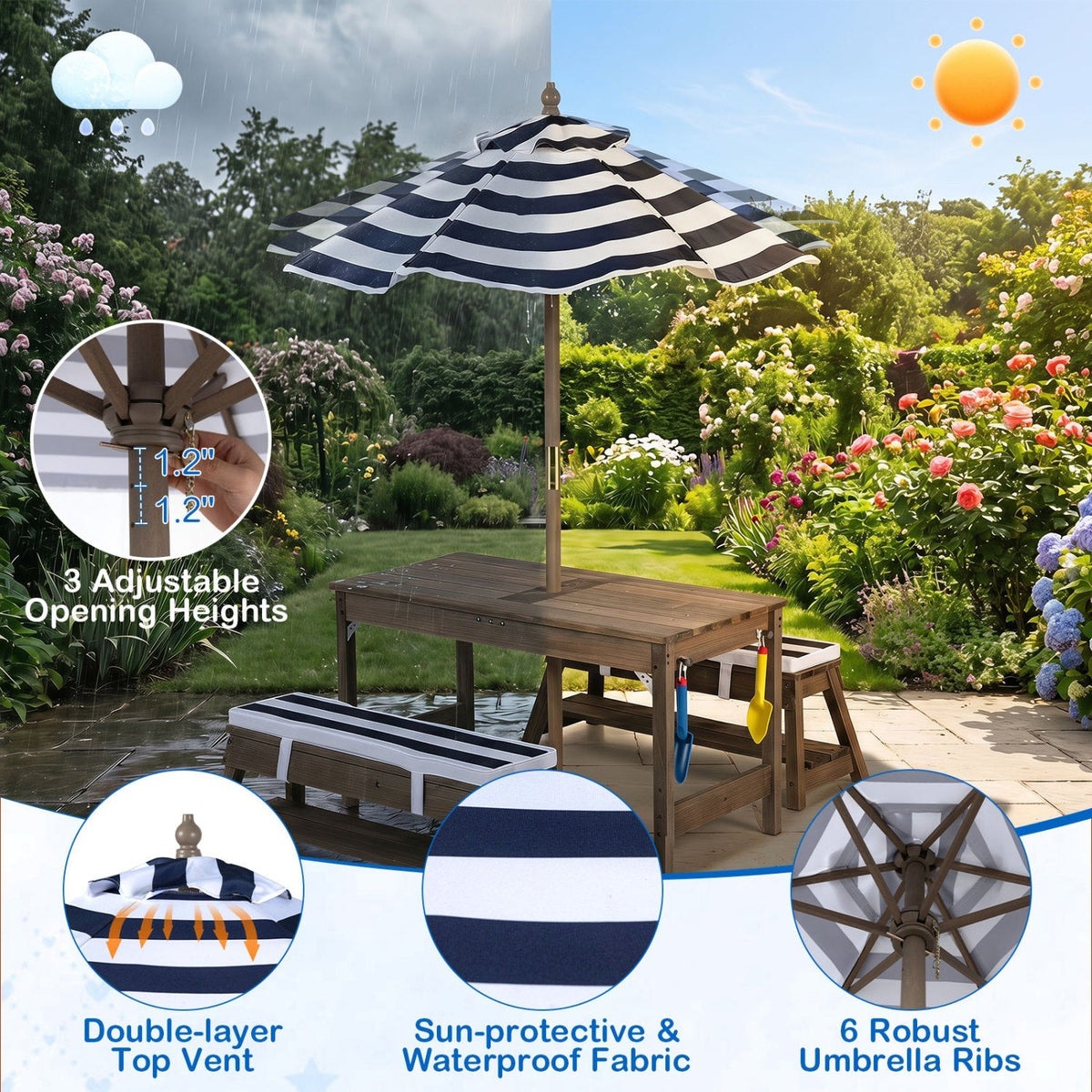 Kids wooden picnic table set with umbrella and sandboxes, outdoor play furniture for children by GBruno Store.