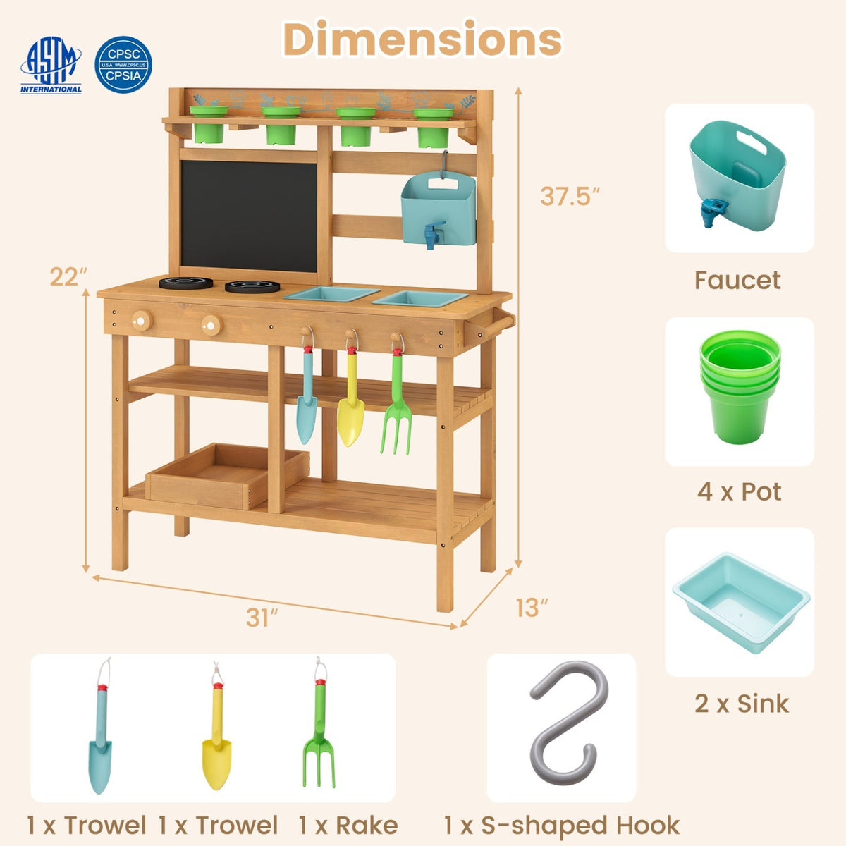 Outdoor pretend play kitchen with faucet and removable sinks for children aged 3+ by GBruno Store, featuring colorful play elements.
