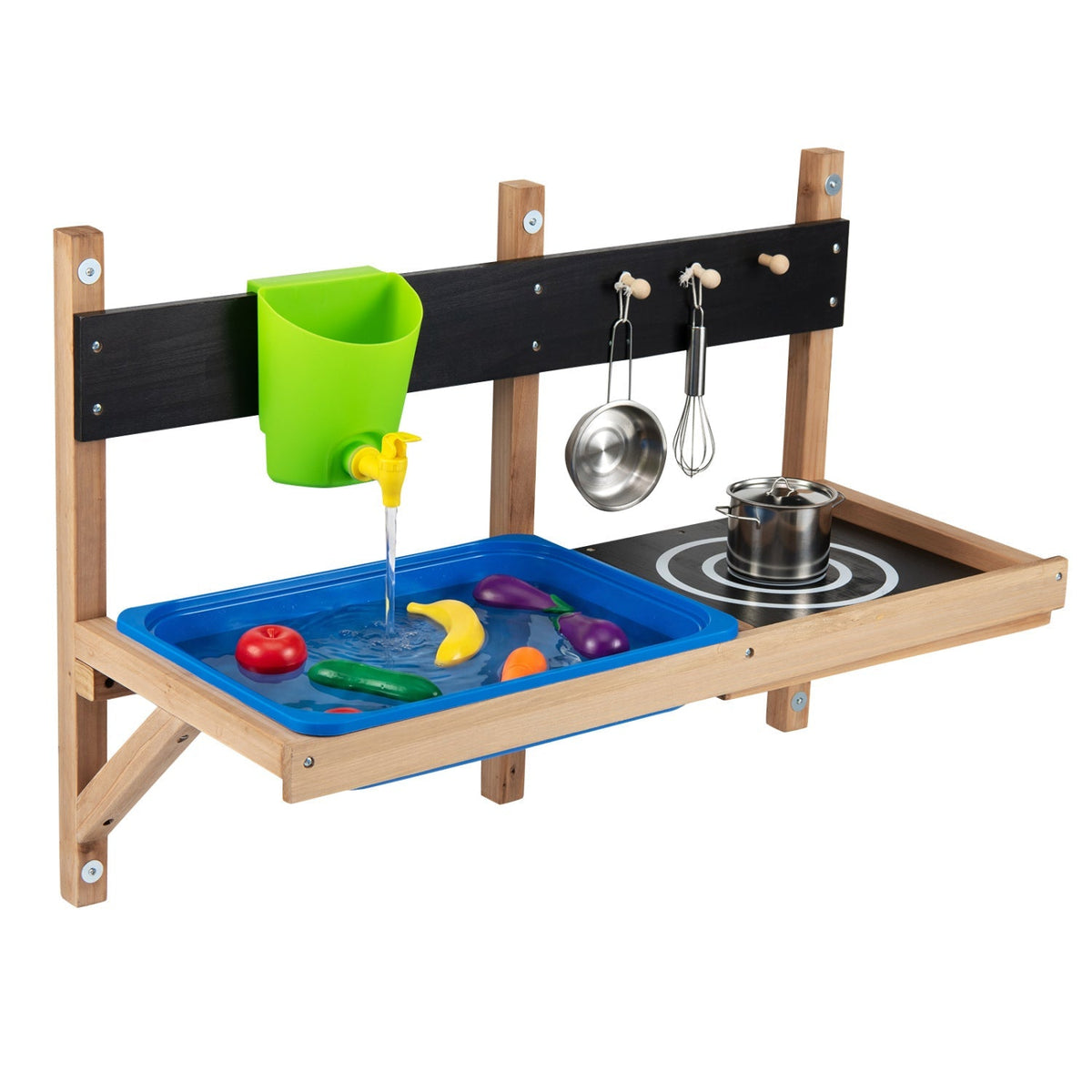 Wall-mounted kids' play kitchen set by GBruno Store, featuring colorful outdoor mud kitchen with sink and cooking accessories.