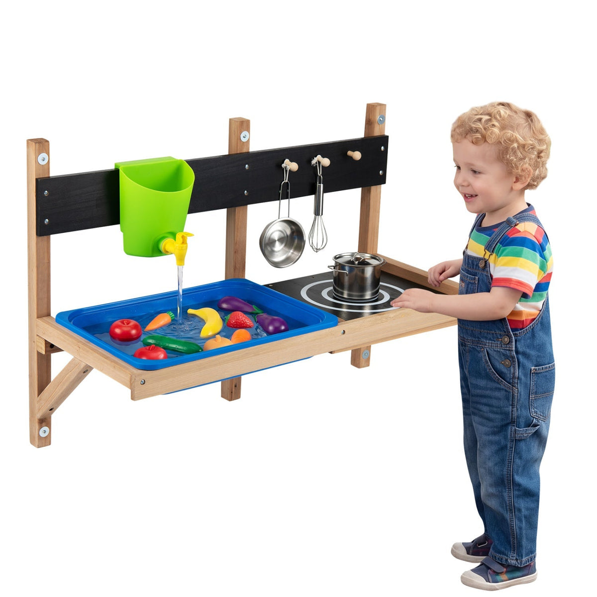Wall mounted kids' play kitchen set by GBruno Store, outdoor mud kitchen with sink, shelves, and colorful accessories for children 3+