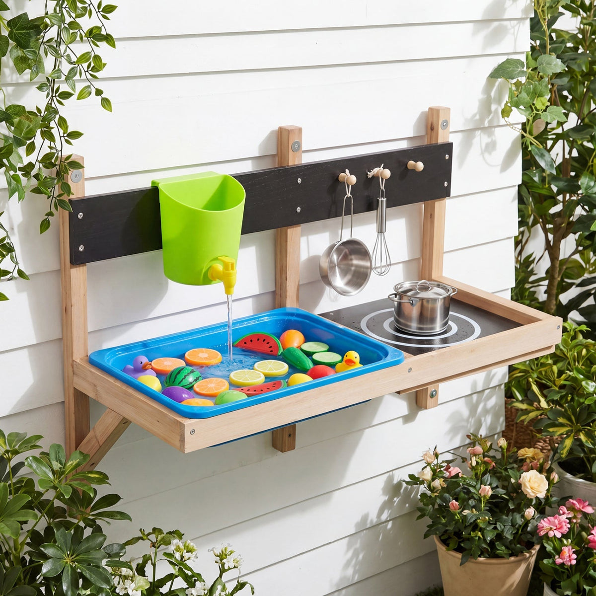 Wall-mounted GBruno Store kids' outdoor play kitchen set with colorful utensils and play sink for children ages 3+