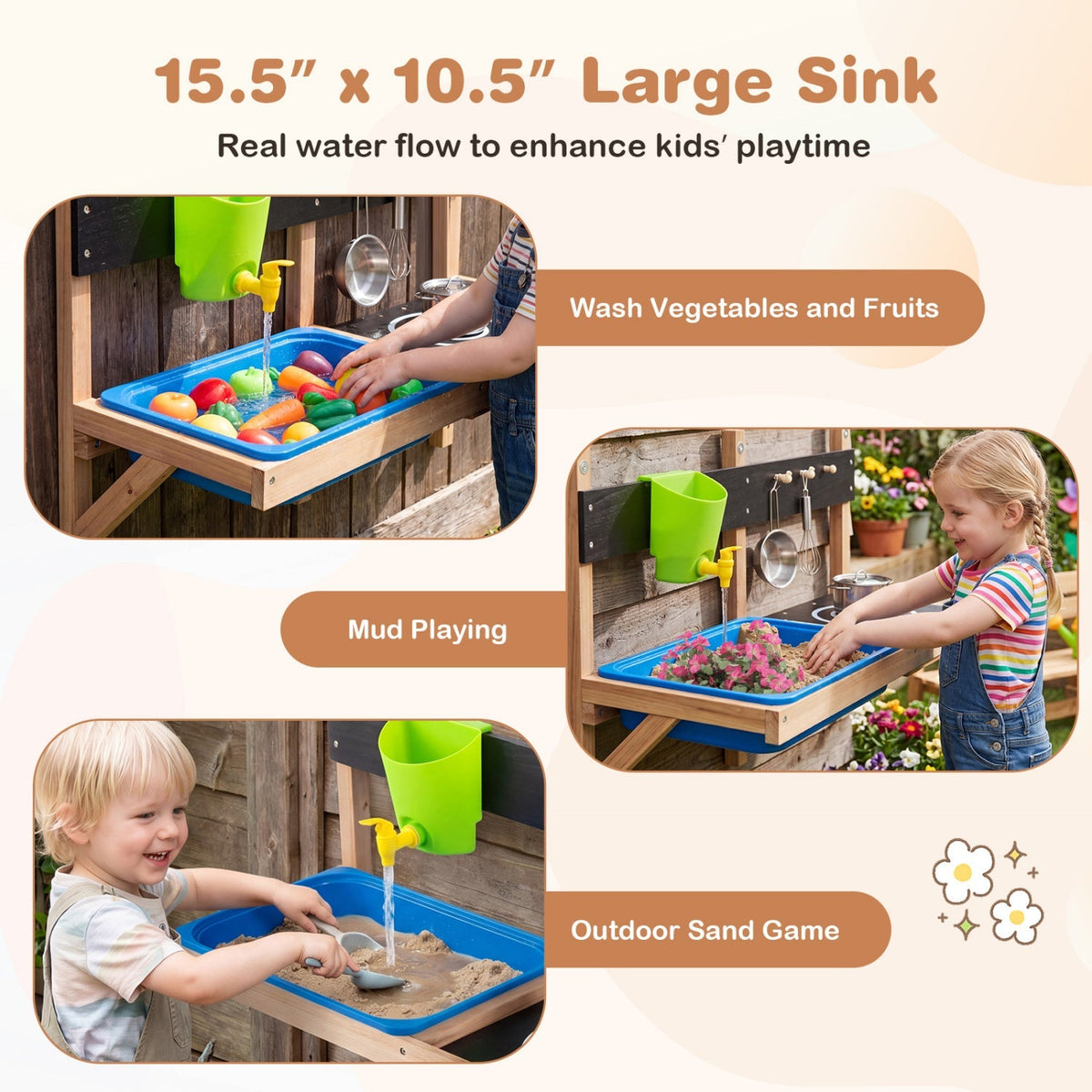 Wall-mounted kids play kitchen set by GBruno Store with colorful pretend stove, sink, and storage for outdoor imaginative play.