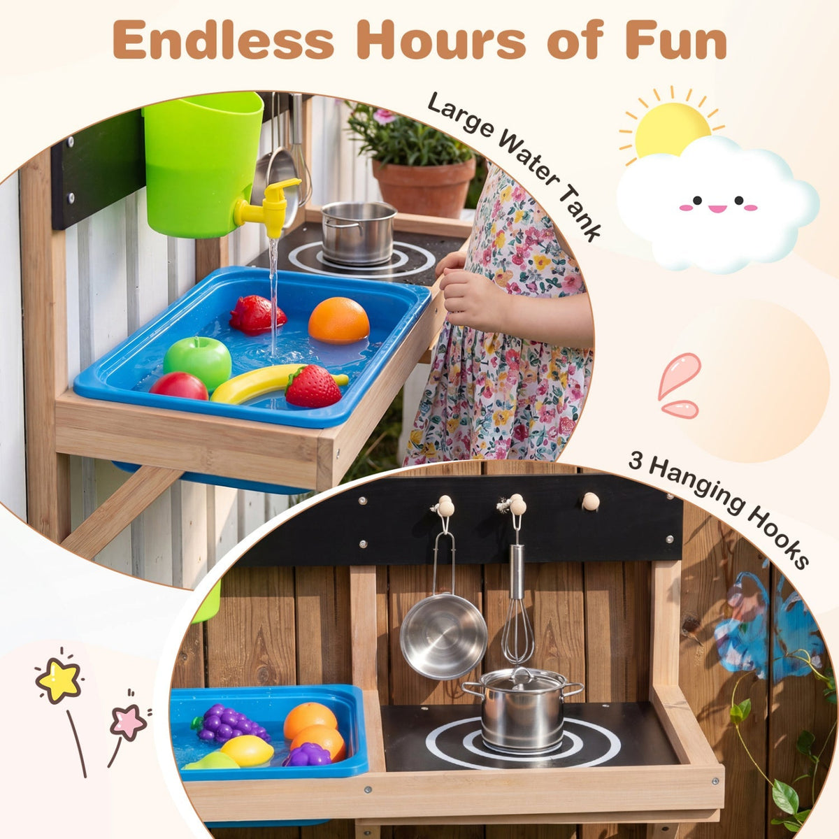 Wall-mounted outdoor play kitchen set for kids by GBruno Store, featuring colorful pretend stove, sink, and storage for imaginative play.