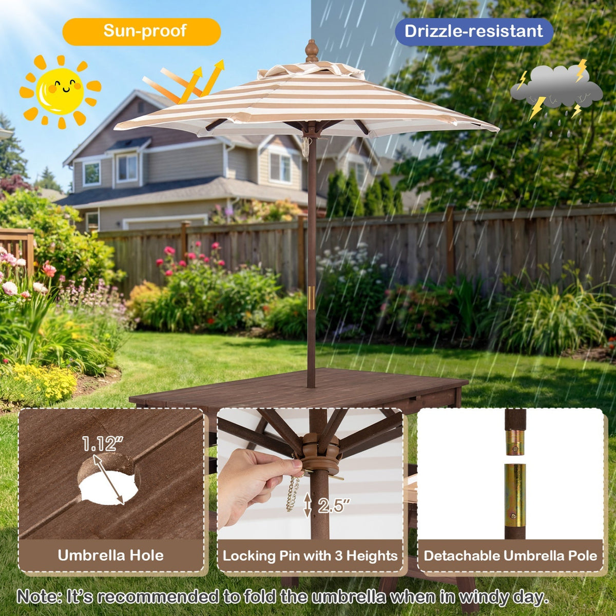Outdoor wooden kids picnic table with removable umbrella and cushions, perfect for outdoor play and family gatherings.