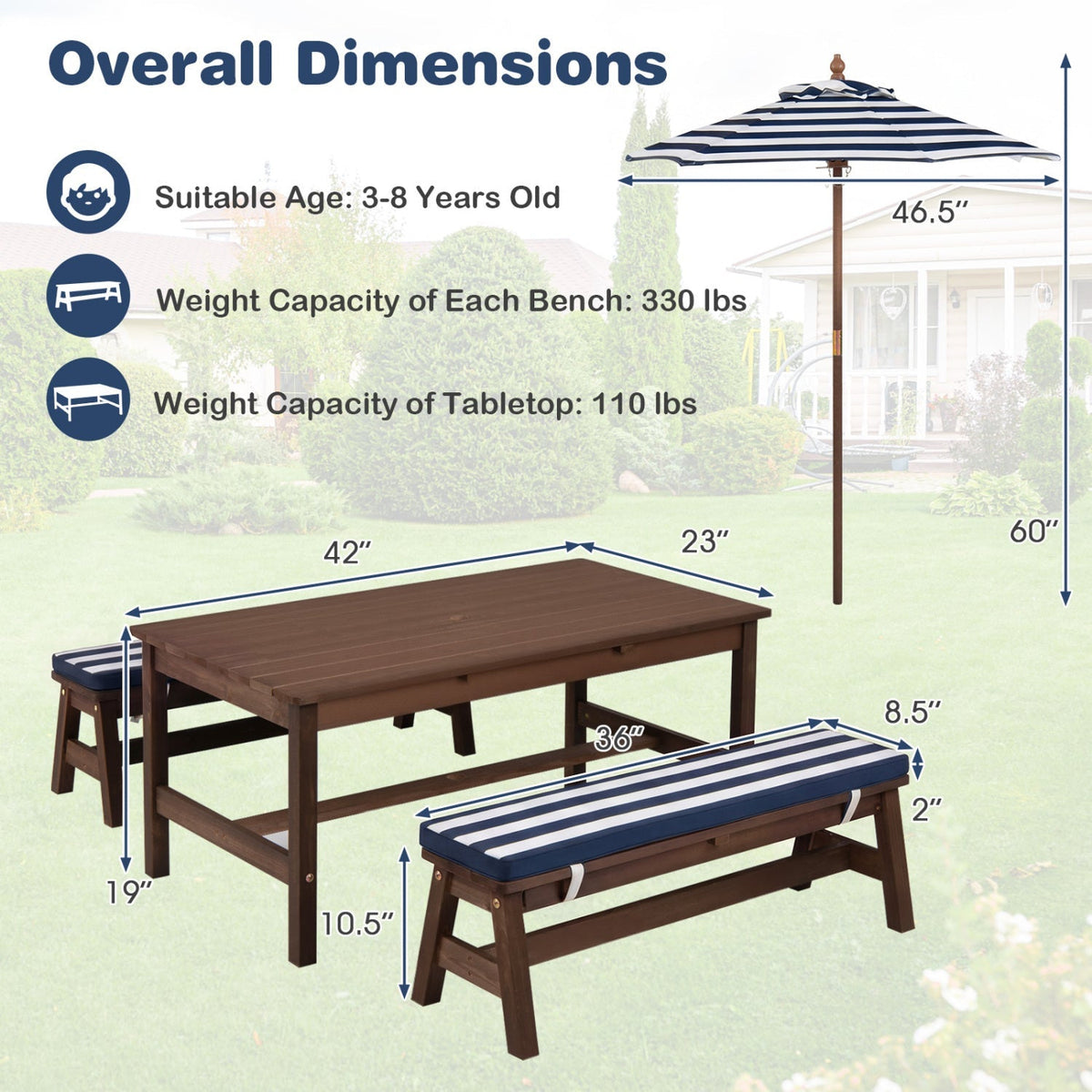 Wooden kids' outdoor picnic table with removable umbrella and cushions, perfect for outdoor play and family gatherings.