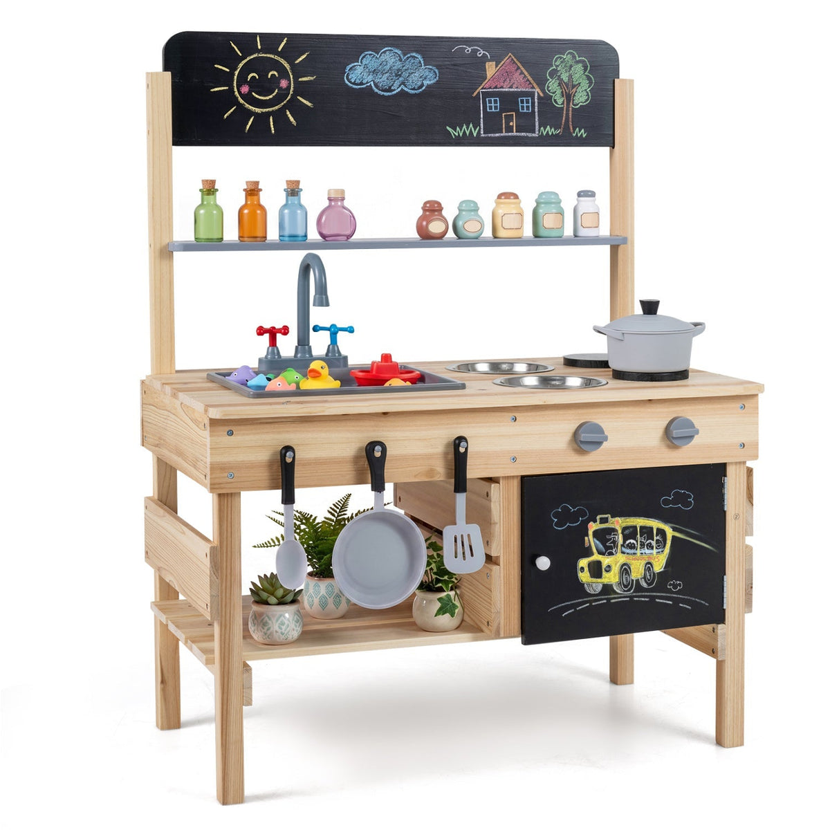 Outdoor wooden mud kitchen for kids with sink and stoves, durable play kitchen by GBruno Store, perfect for outdoor imaginative play.