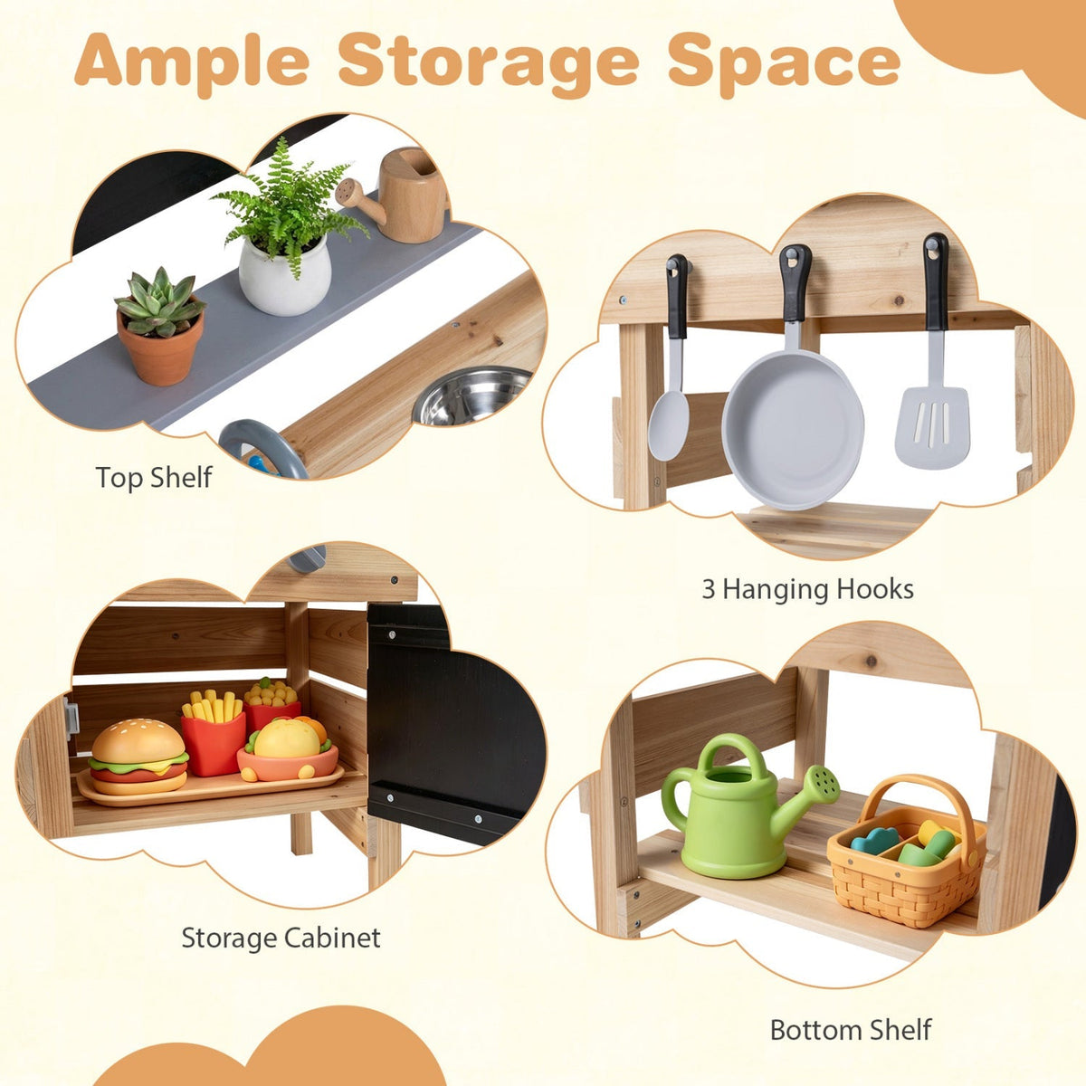 Outdoor wooden mud kitchen for kids with sink and stoves, perfect for imaginative outdoor play and outdoor kitchen activities.