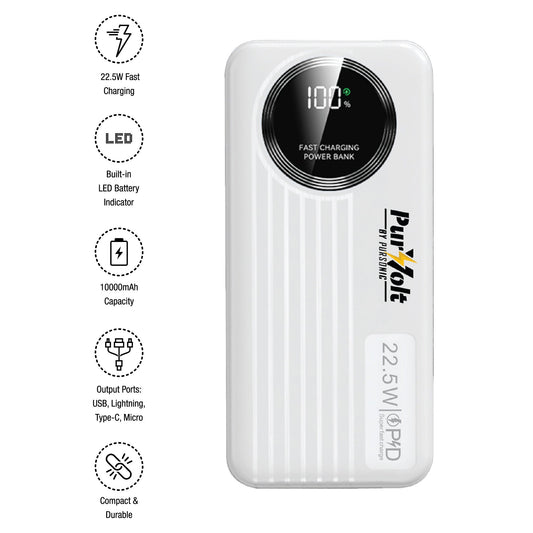 Pursonic 10,000mAh LED fast charging power bank with built-in cables, Type-C, USB, and Lightning compatibility, 22.5W output.