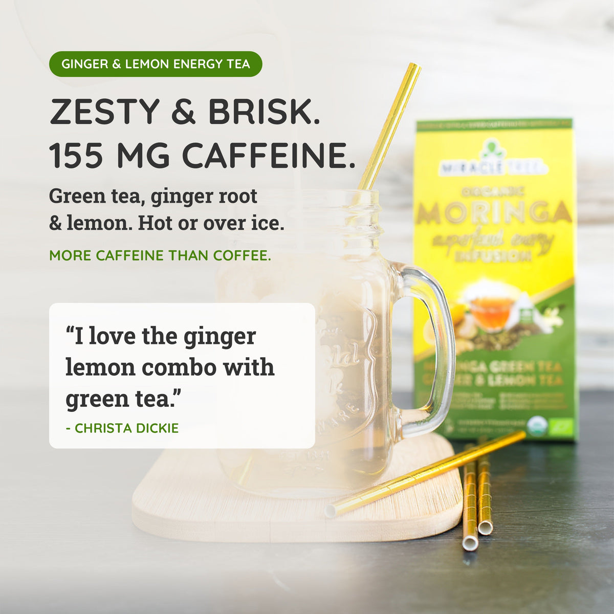 Organic Moringa Energy Tea by Miracle Tree featuring ginger and lemon, served in a clear glass cup with fresh lemon slices.