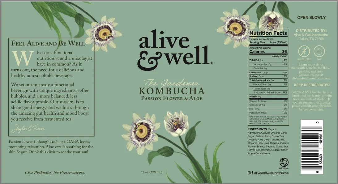 Alive & Well Kombucha Aloe & Passion Flower organic kombucha bottle label with vibrant floral design and branding.