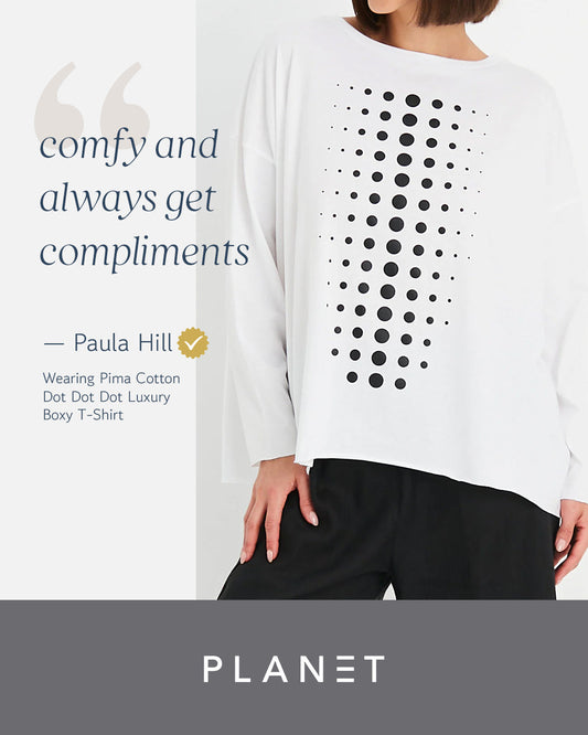 Paula Hill wearing the PLANET by Lauren G Pima Cotton Dot Dot Dot luxury boxy T-shirt in stone and titanium.