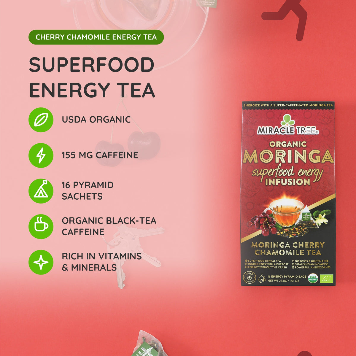 Organic Moringa Energy Tea by Miracle Tree with cherry and chamomile, natural coffee alternative, in a vibrant tea cup.