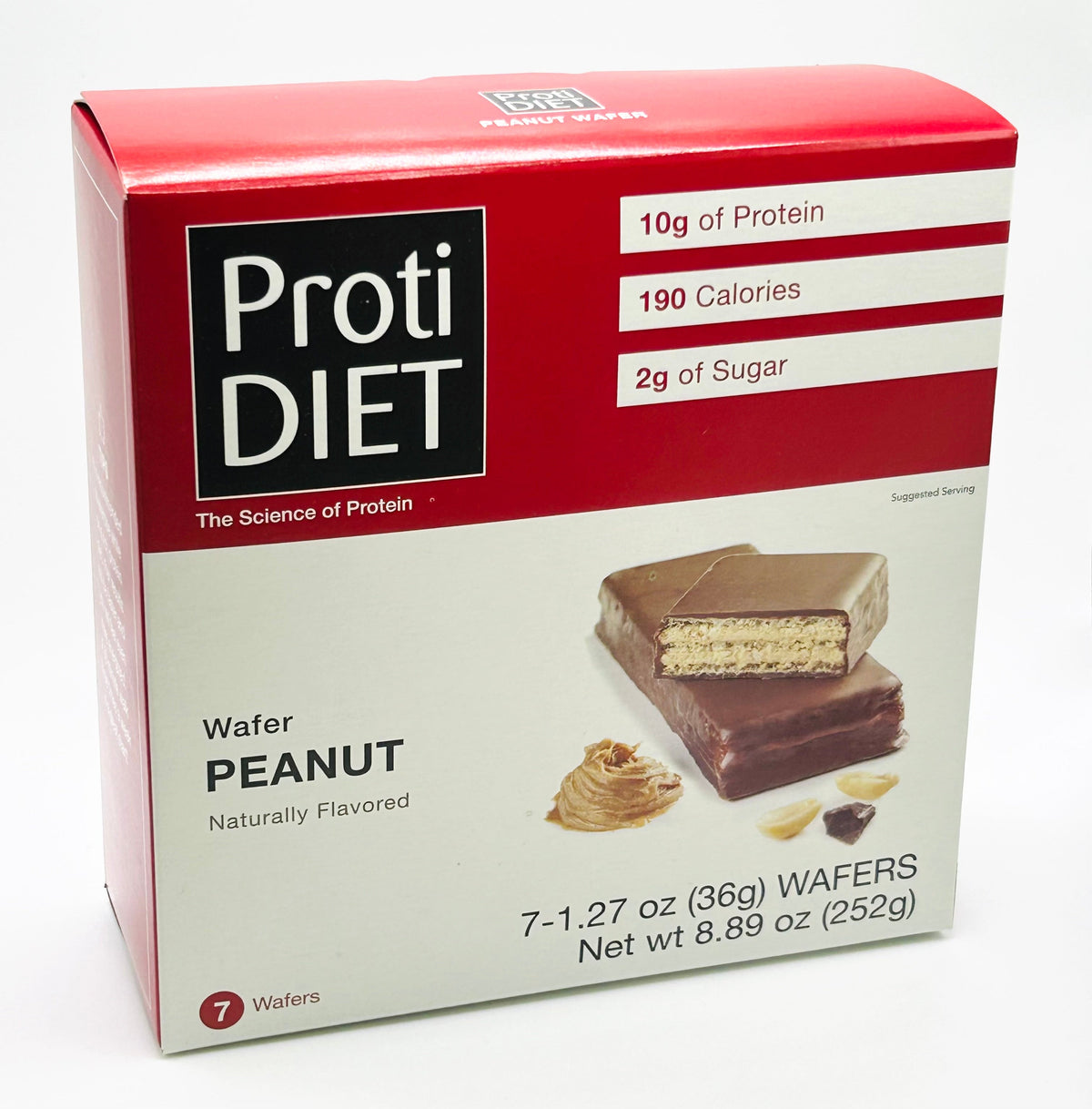 AmBari Nutrition PROTIDIET wafer bar with peanut flavor, showcasing crispy wafer layers coated in chocolate.