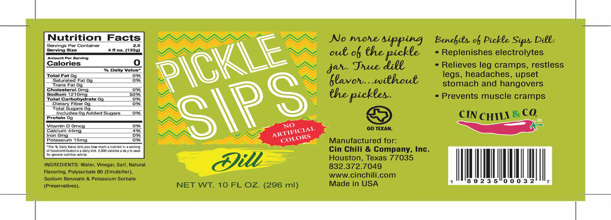 Cinderosa Ranch Pickle Sips Dill flavor in 10 fl oz bottle, featuring a pickle product with a clear label and colorful branding.