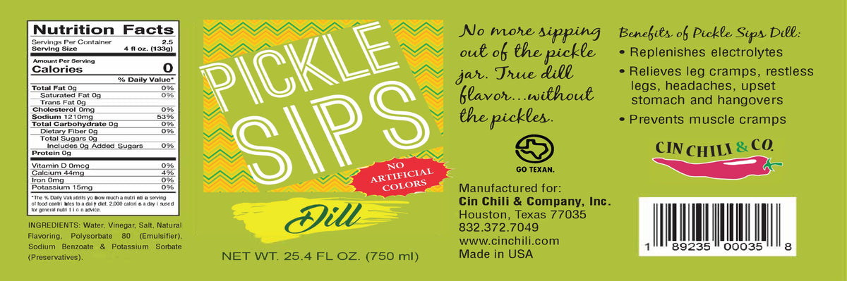 Cinderosa Ranch Pickle Sips Dill 25.4 fl oz bottle with bright label, showcasing pickle-flavored beverage in clear plastic bottle