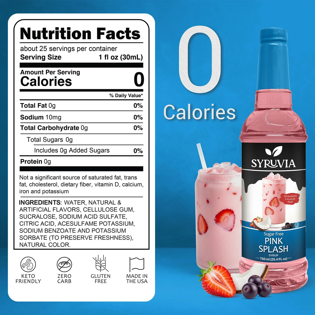 Pink Splash Syrup by Syruvia, sugar-free pink flavored syrup in a clear bottle with a pink label and splash design.