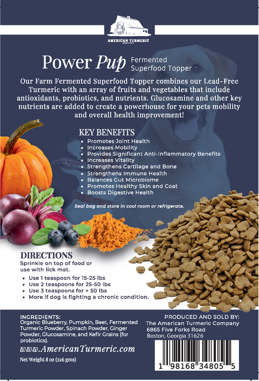 Power Pup fermented turmeric powder for dogs, a lead-free superfood meal topper by America's Best Turmeric, shown in a 5x7 package.