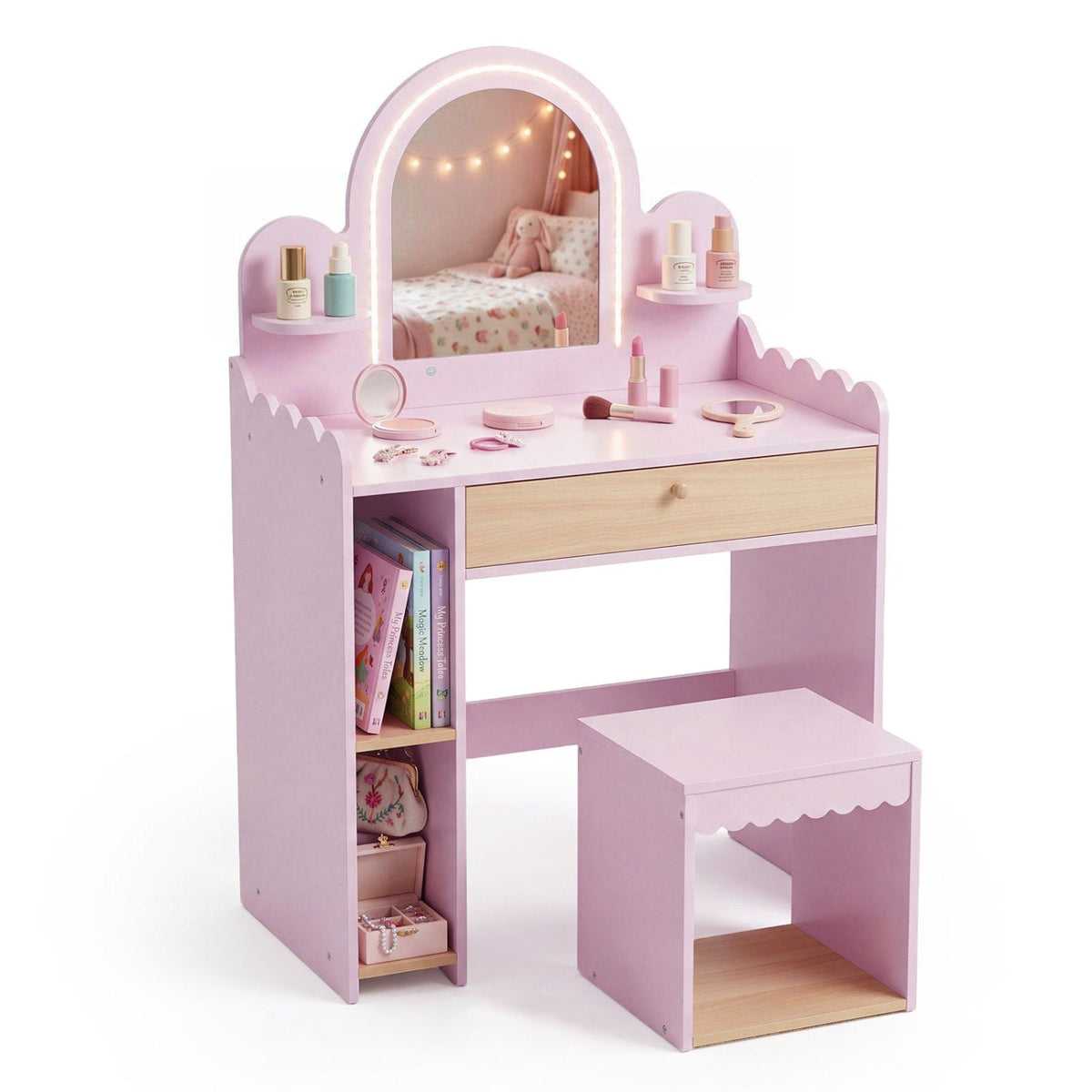 Pink kids vanity table set with LED mirror, stool, and pretend makeup accessories, perfect for imaginative play.