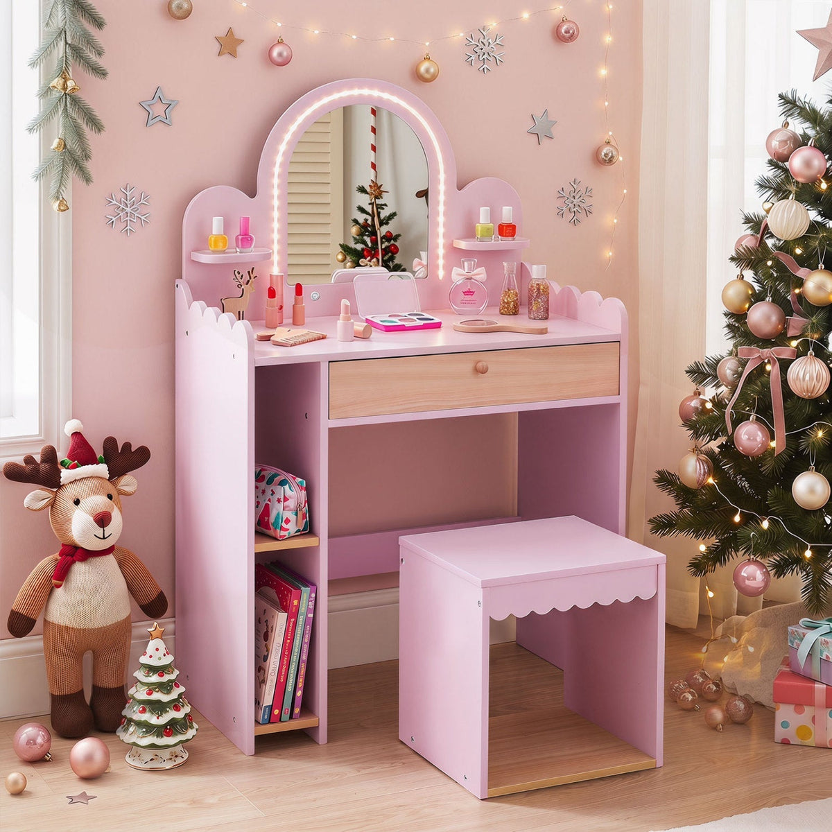 Kids pink vanity table set with LED mirror and stool, featuring pretend makeup accessories and a playful, child-friendly design.