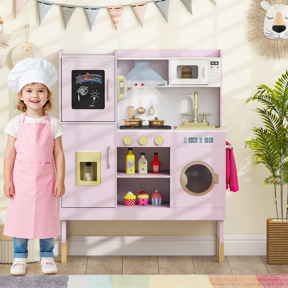 GBruno pretend play kitchen set with range hood, ice maker, and telephone, featuring realistic kitchen appliances for kids.