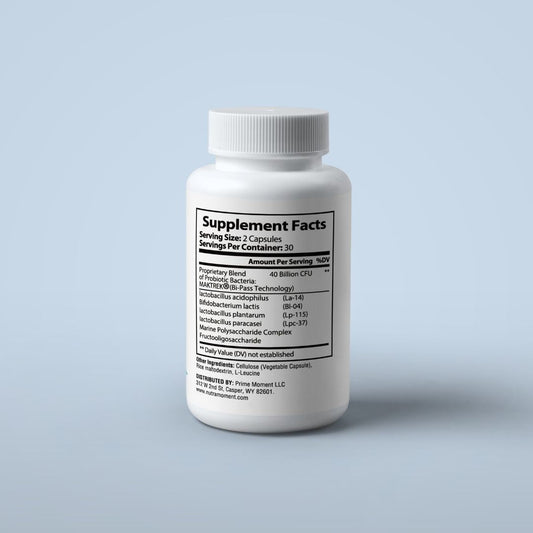 Bottle of Nutra Moment Probiotic with 40 Billion CFU, dietary supplement for gut health and digestive support.