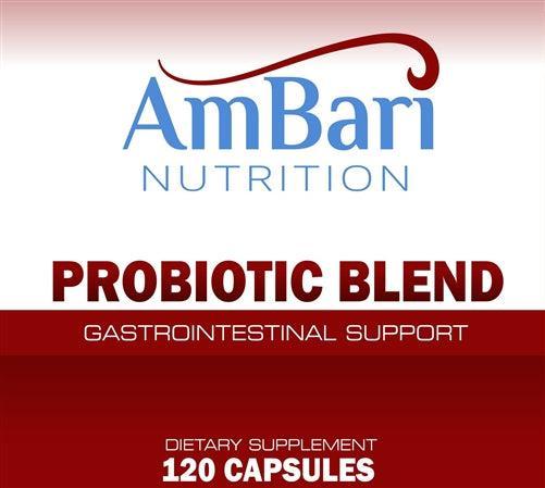 AmBari Nutrition probiotic blend supplement bottle with capsules, showing colorful label and cap on a white background.