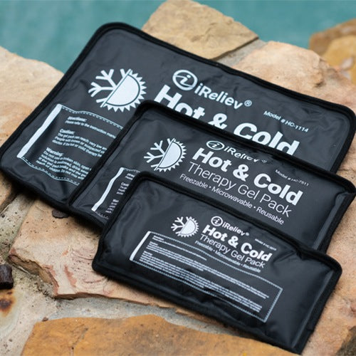 iReliev premium reusable hot and cold therapy gel pack with securement straps for targeted pain relief and temperature therapy.