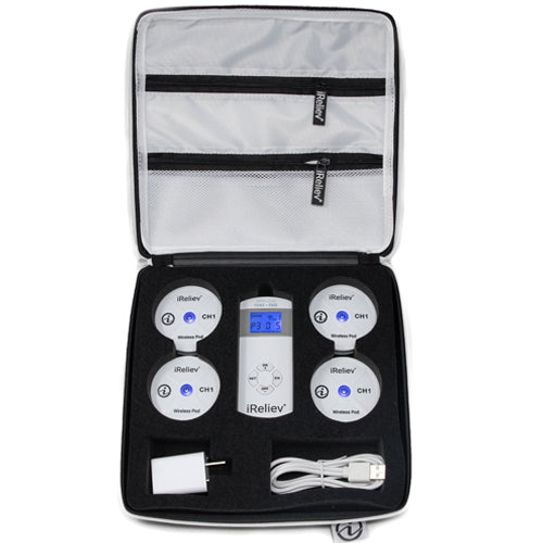 Hard protective carry case for iReliev wireless TENS EMS device, designed for secure storage and portability of accessories.