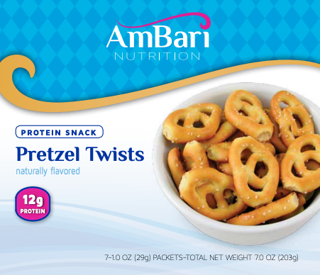AmBari Nutrition protein pretzel twists, crunchy snack with a twist of flavor, ideal for healthy snacking and on-the-go enjoyment.