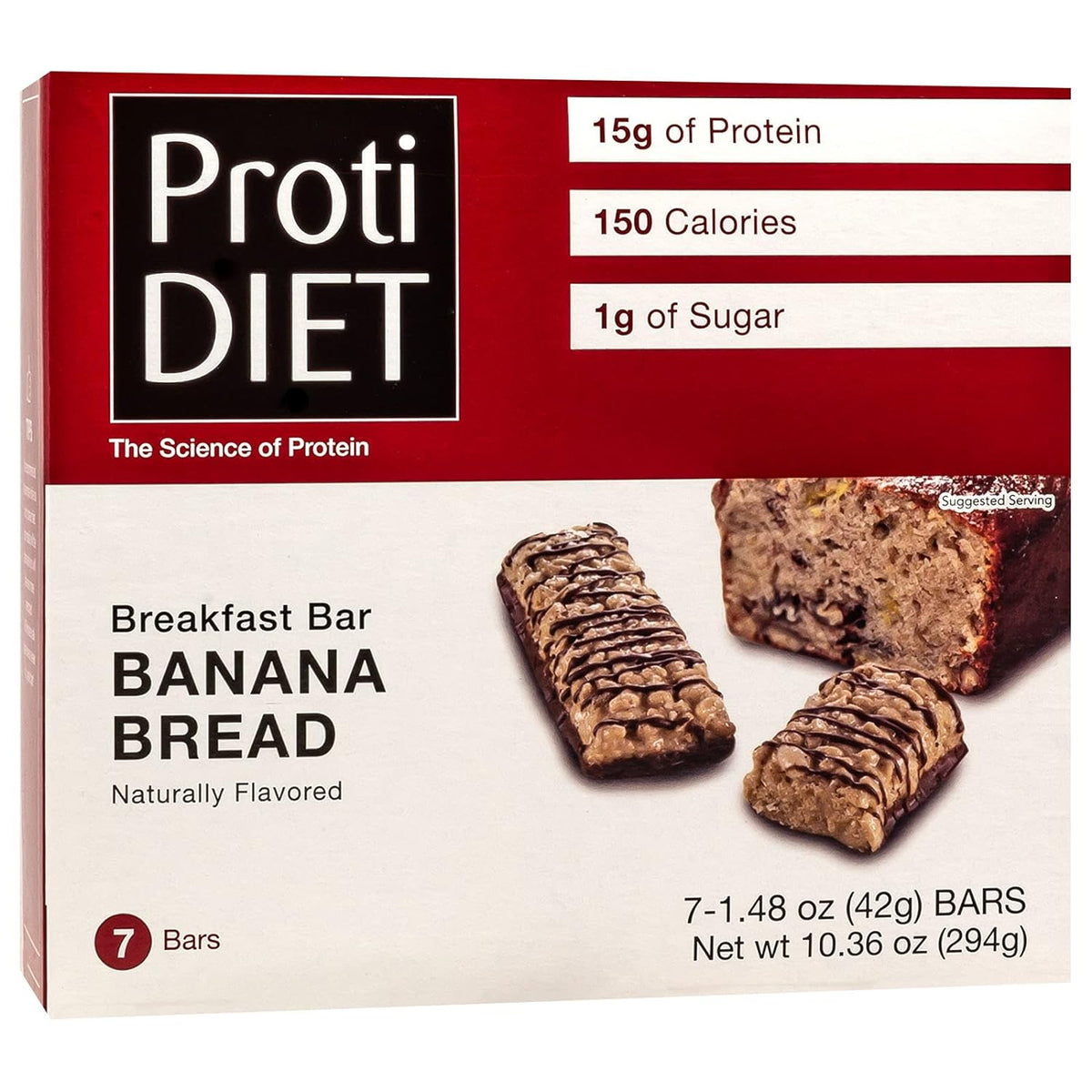 AmBari Nutrition ProtiDiet Banana Bread Protein Bar showing a textured bar with banana flavor and branding on the wrapper