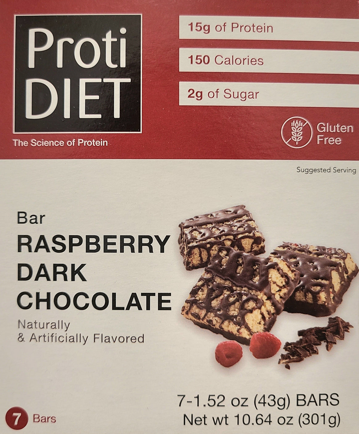 Raspberry dark chocolate ProtiDiet bar by AmBari Nutrition, showing a close-up of the chocolate squares with raspberry filling.