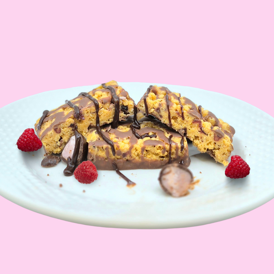 AmBari Nutrition ProtiDiet Raspberry Dark Chocolate Squares bars with vibrant raspberry and rich dark chocolate coating.