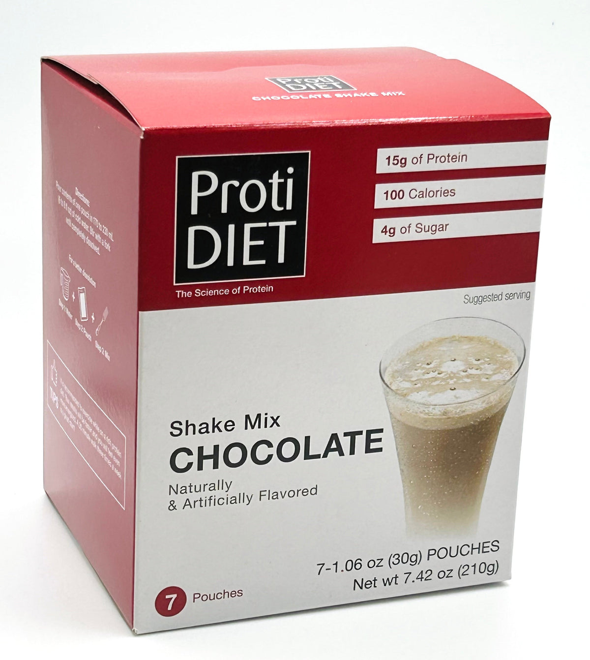 AmBari Nutrition Protidiet Chocolate Shake in a glass, showing creamy chocolate-flavored protein shake with a straw and a spoon.