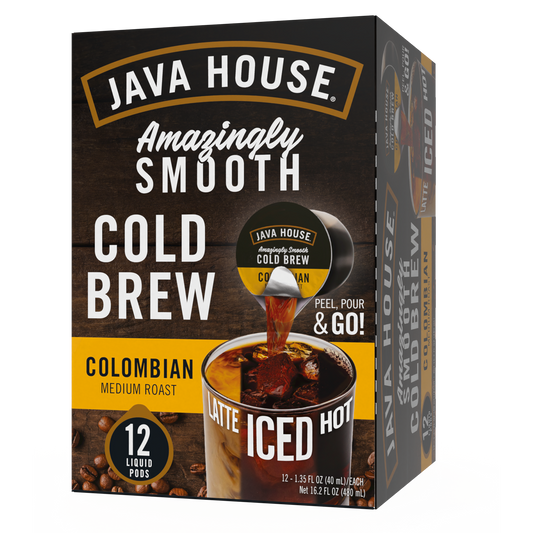 Java House Cold Brew Coffee Pods with Colombian roasted beans, 12-pack, featuring dark roasted coffee pods in a black and green packaging.