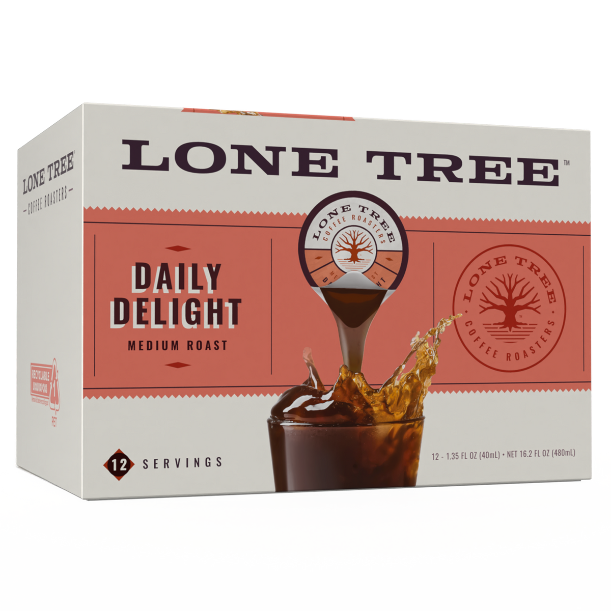 Box of Lone Tree Coffee Roasters Medium Roast Original Blend coffee capsules by Java House, shown in a horizontal carton image.
