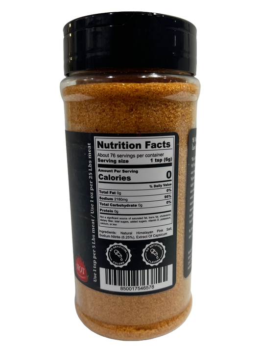 Hi-West Red Dust Black Label Curing Salt in a clear container, showing the fine red curing salt grains.