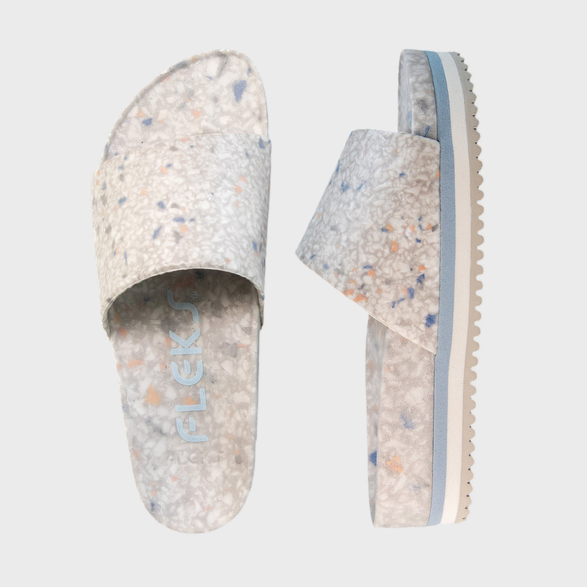 Fleks East Beach Slide Platform in faded denim, top-down view showcasing casual slip-on sandals with platform sole.