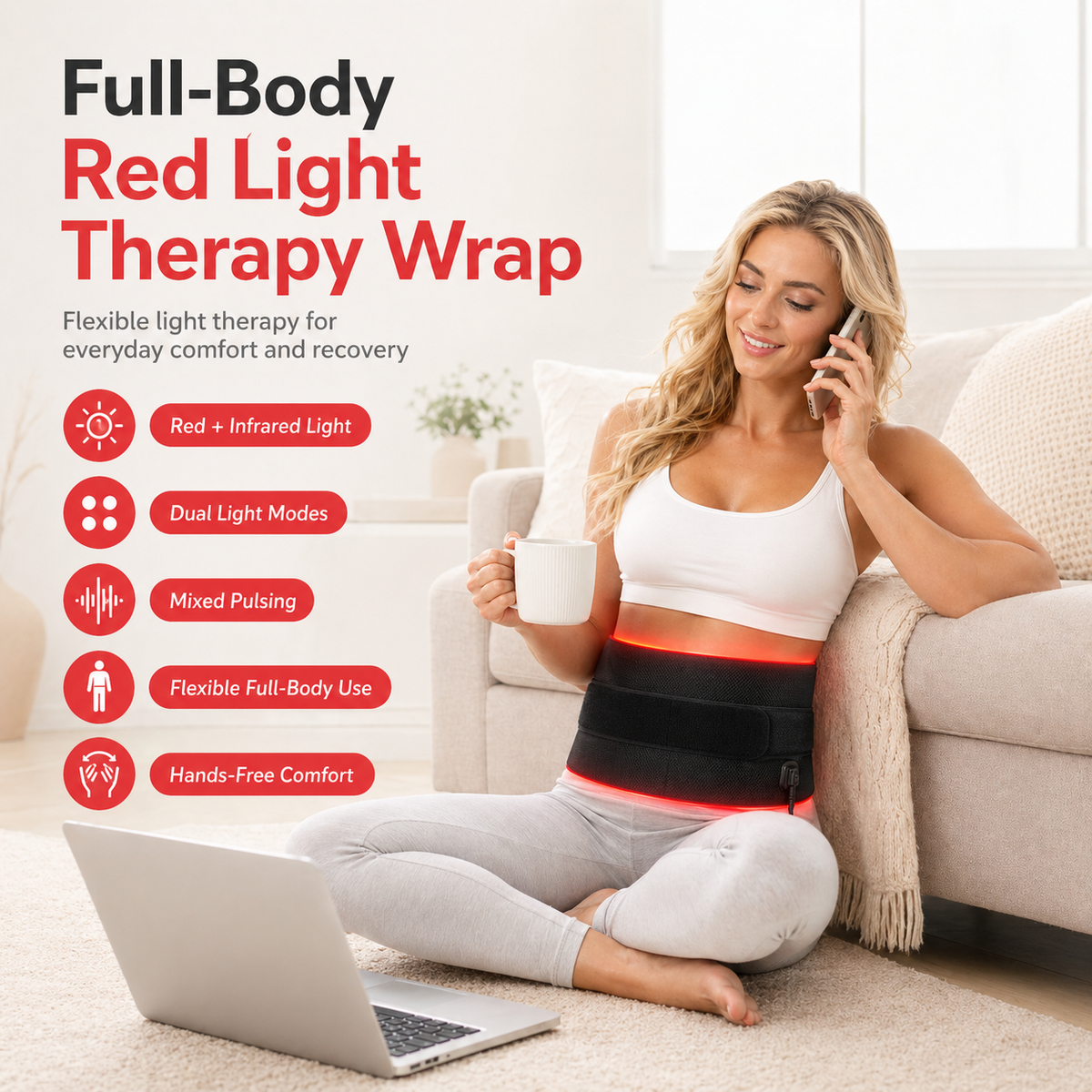 iReliev FullGlow™ red light and near infrared therapy pad with 240 LED lights for pain relief and skin rejuvenation.