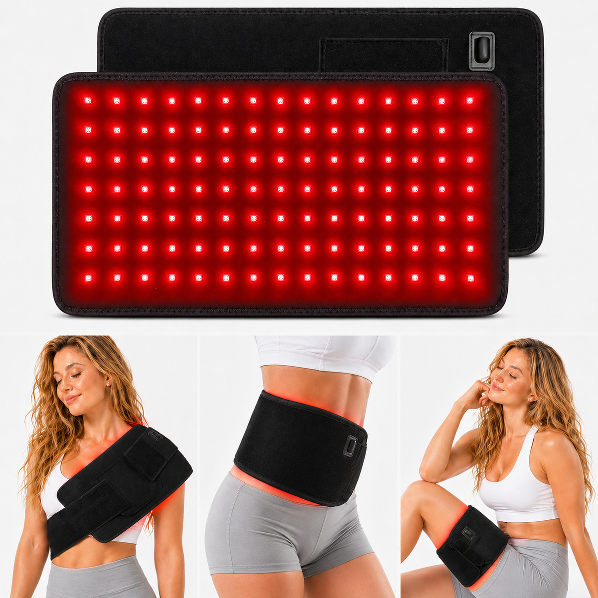 iReliev FullGlow™ red light and near infrared therapy wrap with pad placement on body for pain relief and muscle recovery.