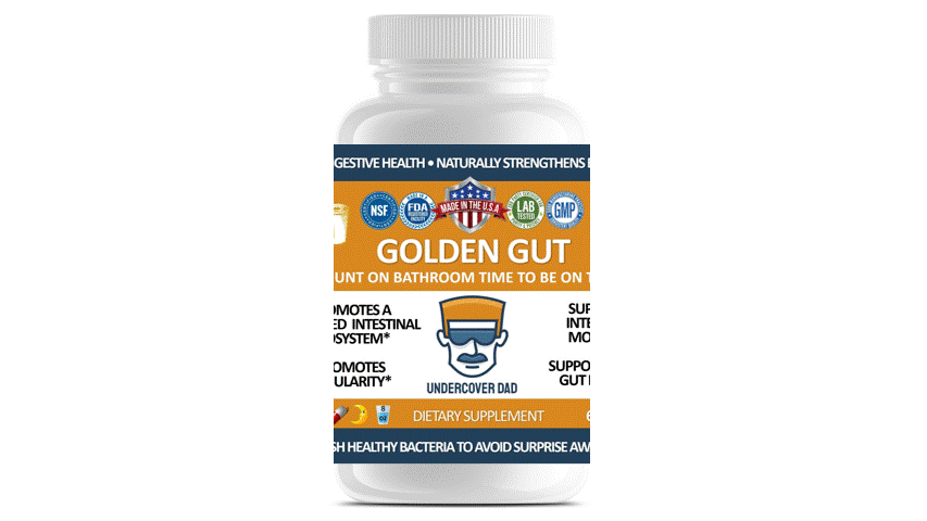 Golden Gut probiotic supplement with 40 billion CFUs, featuring capsules in a blister pack from UNDERCOVER DAD, LLC.