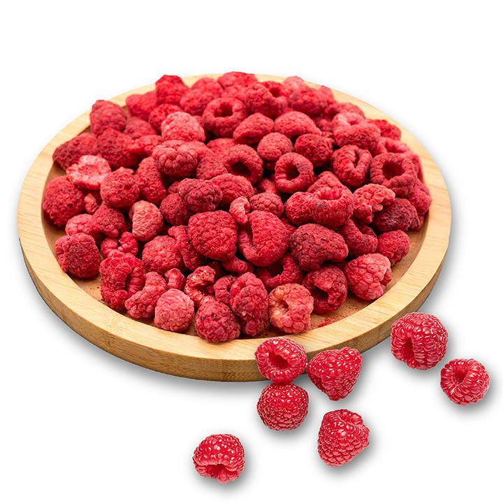 Whole freeze-dried raspberries from VFD.US, Grade A dried fruit with vibrant red color and natural raspberry texture.