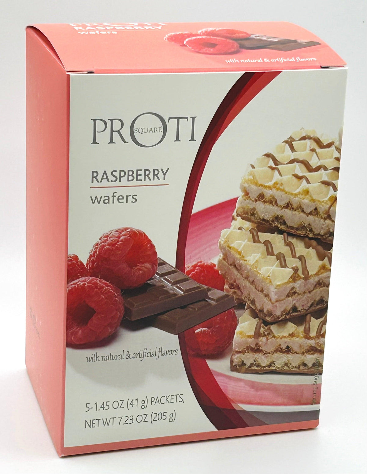 AmBari Nutrition Proti Wafer Squares with raspberry flavor, showing a close-up of the crispy raspberry-filled bar.