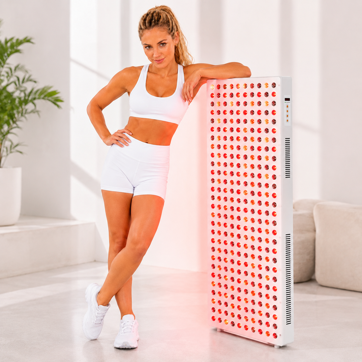 iReliev red light therapy panel with near infrared light, full-body 1500W device for health and wellness treatment.